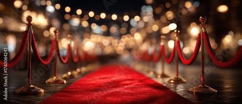 Elegant Red Carpet Event Perspective with Golden Stanchions and Bokeh Lights for Awards Ceremony or Premiere Night