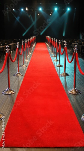 Red Carpet Event Perspective Shot with Ropes and Spotlights at a Venue for Celebrities and VIPs