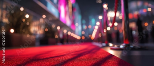 Red Carpet Event Entrance with Ropes and Lights at Night Low Angle View for Awards Ceremony or Premiere in City
