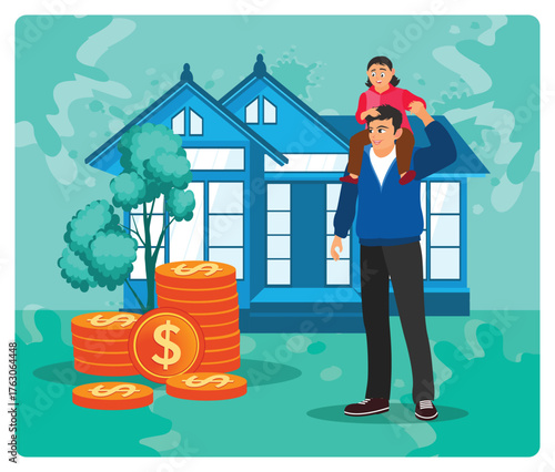 Childcare subsidy concept. Father With Child On Shoulders In Front Of A House Beside Stacks Of Money
