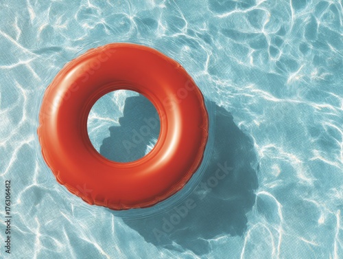 Orange Inflatable Ring Floating in Pool Water Overhead Shot Summer Vacation Relaxation Holiday
