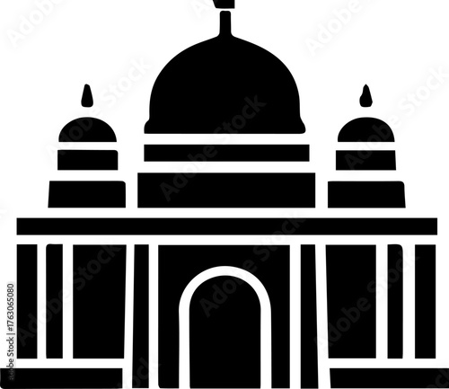 Black and white drawing of a building with a dome on top. The building is a mosque