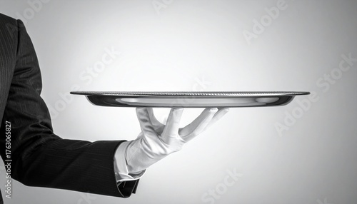 Elegant service scene with person in black tuxedo and white glove holding silver tray against light background, evoking hospitality and formal refinement.