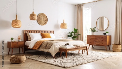 Modern bedroom interior design with stylish furniture.
