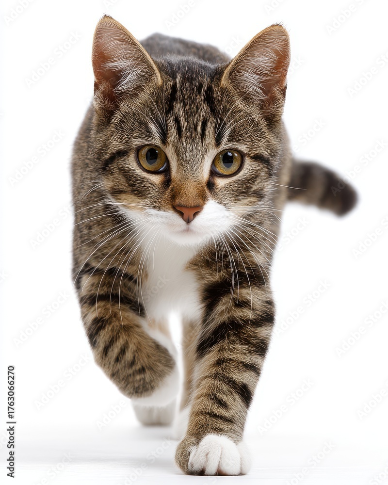 Obraz premium Striking tabby cat walking forward on white background studio shot looking at camera domestic animal pet feline