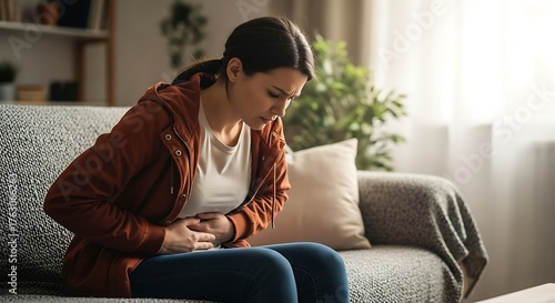 Young woman experiencing abdominal pain holding stomach in discomfort sitting on sofa at home