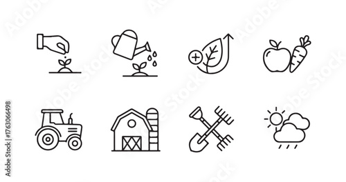 A simple collection of line icons that are farming-related. It has icons for planting seeds, watering crops, soil fertility, and more.