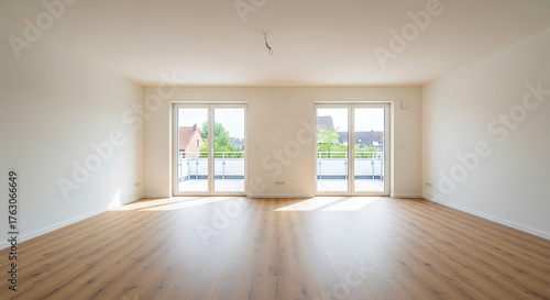Bright empty room with wooden floor and two windows leading to balconies in a modern apartment