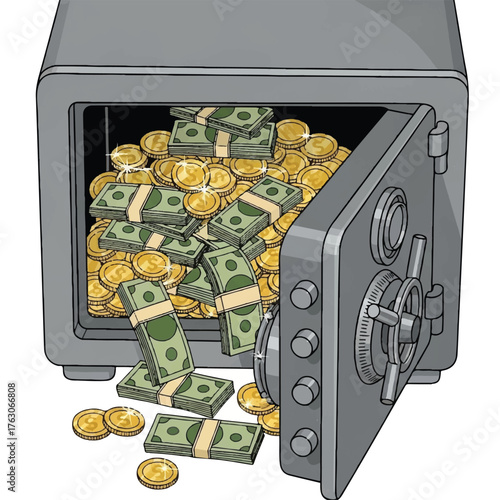 a safe filled with money and gold coins