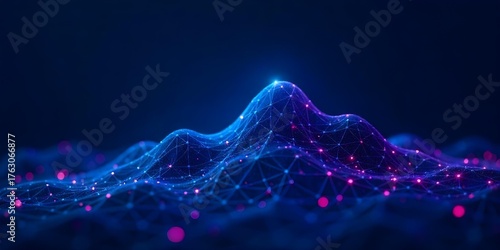 Abstract background with a blue grid mountain , a pink network of lines and nodes, and blue and pink circles, on a dark blue background.