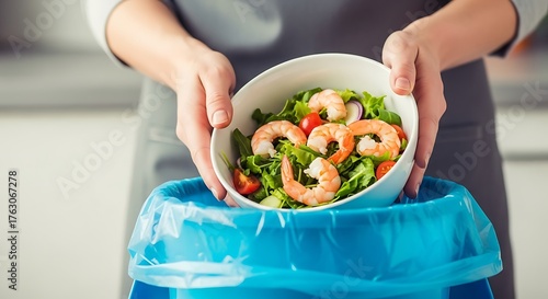 Woman throwing away salad with shrimp food waste concept healthy eating