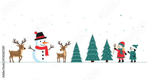 A winter scene with snowman, reindeer, christmas trees and children in a flat cartoon style design