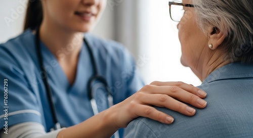 Caring nurse comforting senior patient providing support and empathy healthcare concept