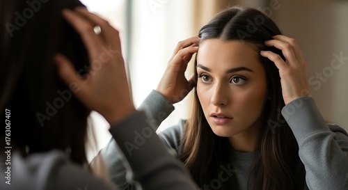 Young woman checks her hair in the mirror examining scalp for hair care concept