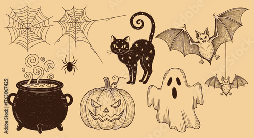 A collection of vintage hand drawn Halloween illustrations.