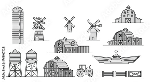 Farm Buildings and Structures - Silo, Windmills, Barns, Water Towers, Tractor, and Fence.