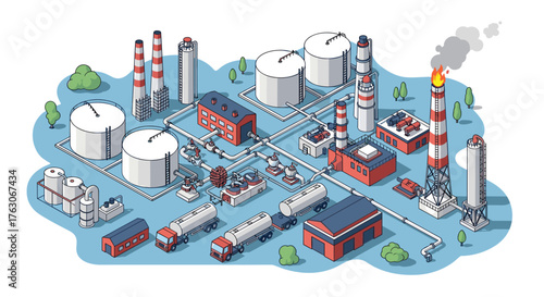 Isometric Illustration of an Industrial Complex with Tanks and Chimneys.