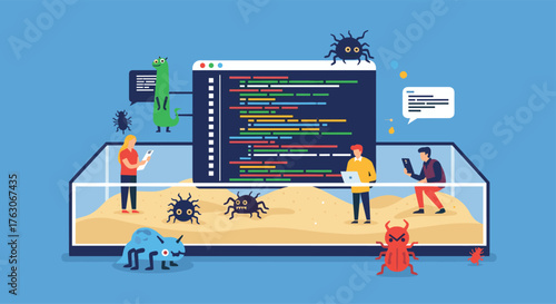 Software developers debugging code with bugs and monsters in a digital world.