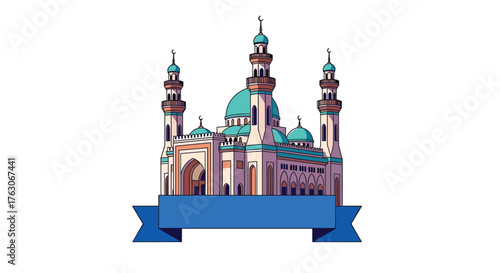 Grand Mosque with Green Domes and Minarets.