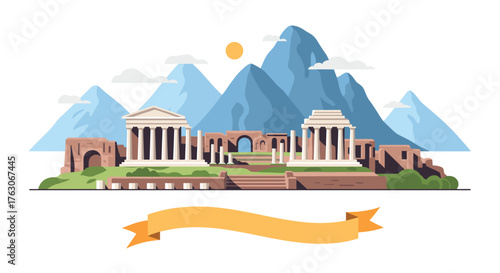 Ancient Greek Temple Architecture and Landscape Illustration.