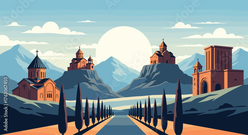 Armenian Churches and Landscape Illustration with Mountains and Sky.