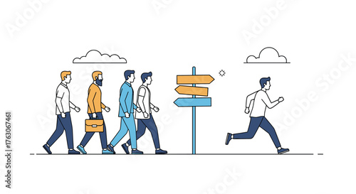 Individual Running Ahead of Group at Crossroads.