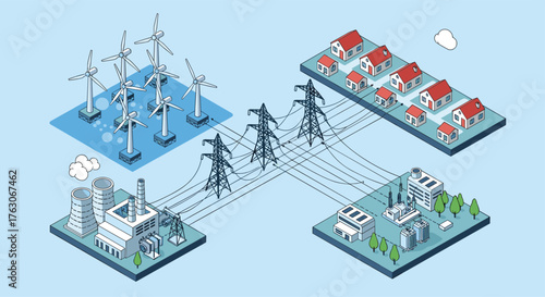 Renewable Energy Grid Connecting Wind Turbines and Factories to Homes.