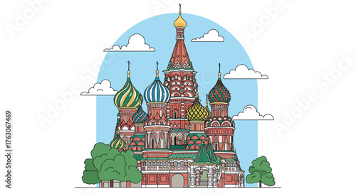 Saint Basils Cathedral in Moscow Russia with colorful domes.