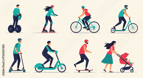Diverse Group of People Using Various Personal Transportation Methods.