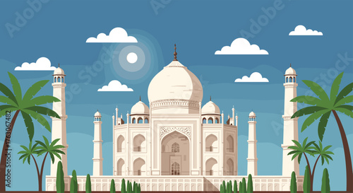 Flat vector illustration of the majestic Taj Mahal mausoleum.