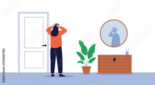 Woman adjusting her hair in front of a mirror.