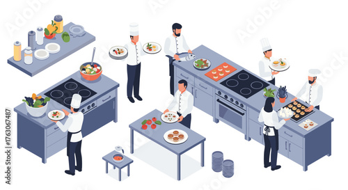 Chefs preparing food in a professional kitchen environment.