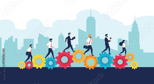 Business team collaboration walking on interconnected gears of progress.