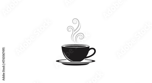 Simple black silhouette of a steaming coffee cup on a saucer.