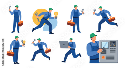 Illustrations of Mechanics in Various Poses with Tools and Equipment.