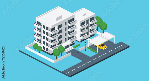 Modern Isometric Apartment Building with Carport and Greenery.