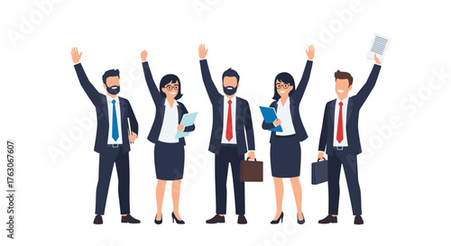 Diverse group of business professionals celebrating success with raised hands.