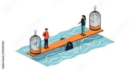 People balancing on a seesaw with birdcages representing freedom and equality.