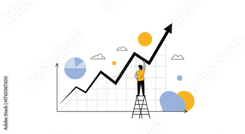 Man climbing ladder to draw upward trending graph showing business growth.