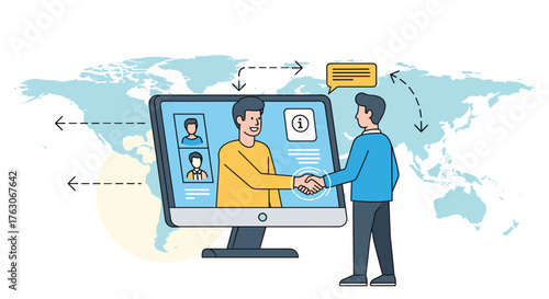 Online business meeting handshake agreement concept with global reach.