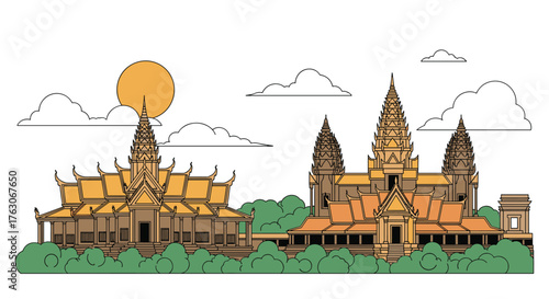 Angkor Wat and Royal Palace Cambodia Skyline Illustration.