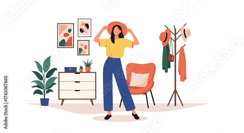 Happy young woman in a stylish outfit trying on a hat.