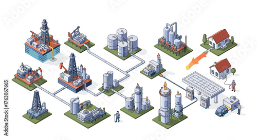 Industrial complex with oil rigs and power generation facilities.