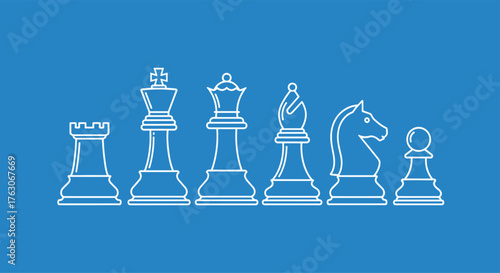 Set of white linear chess pieces on a blue backdrop.
