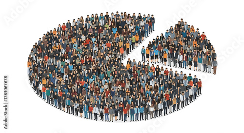 Diverse crowd of people forming a pie chart representing population demographics.