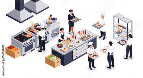 Commercial Kitchen Staff Preparing Food and Serving Guests.