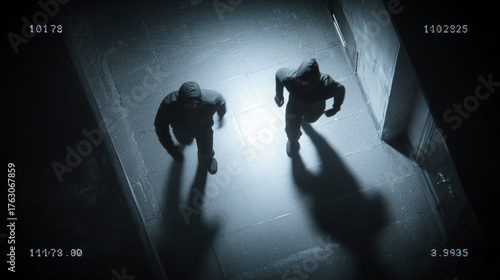 Surveillance camera footage of two people wearing masks walking in a hallway. Concept of threat, security, burglary, and suspicious activity