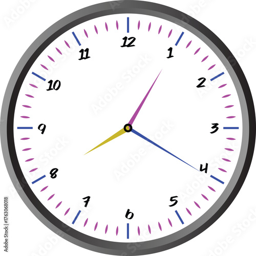 Clock showing the time isolated on white background, with hour, minute, and second hands indicating the current time on a white clock face with numbers