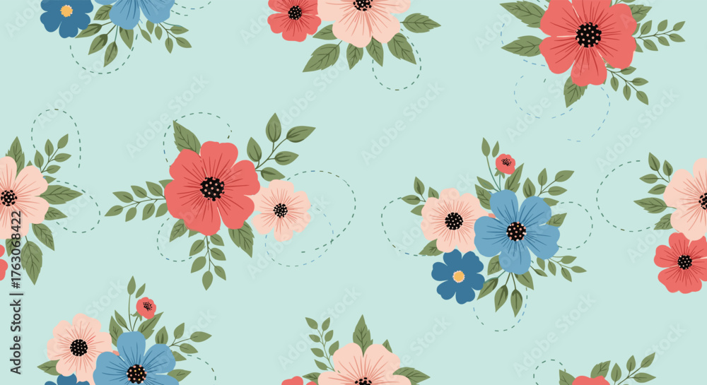Fototapeta premium A repeating pattern of colorful flowers and green leaves on a light blue background with dotted lines