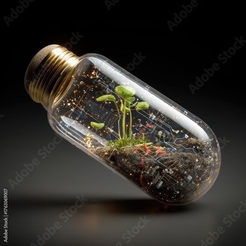 Miniature Ecosystem - Plant Life Thriving Inside a Light Bulb, Dark Background.